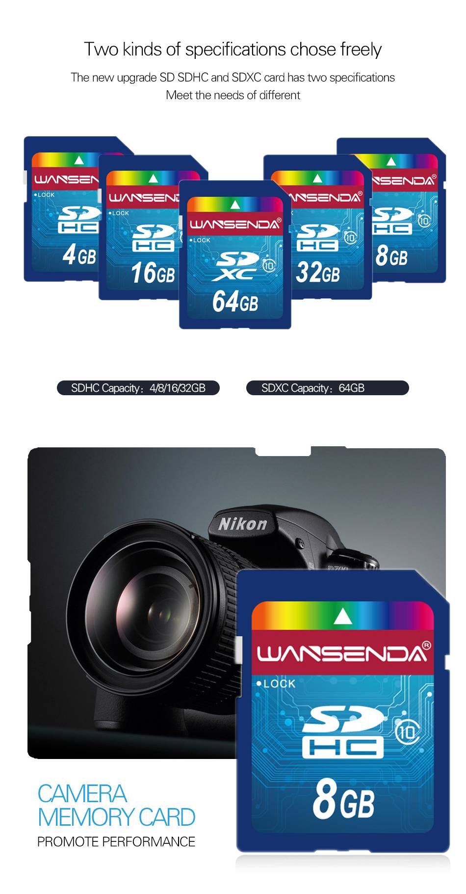 Hot sale Wansenda Full size SD card 64GB 32GB 16GB SDHC Card SD Card flash Memory Card 8GB 4GB universal for digital camera