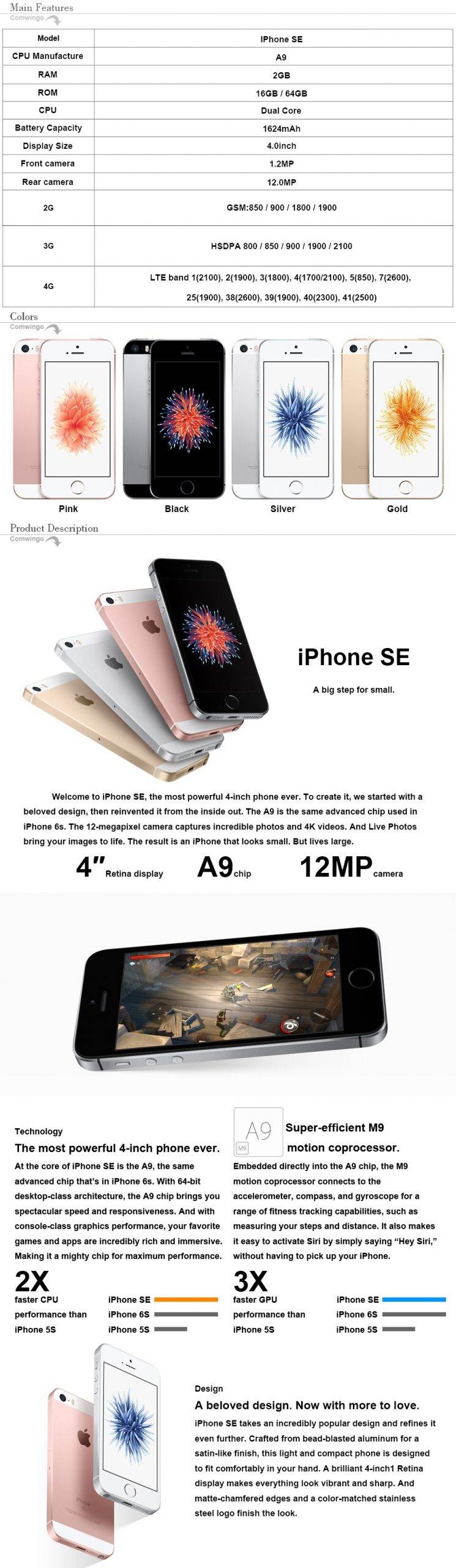 Original Unlocked Apple iPhone SE 2GB RAM 16G/32G/64GB ROM Mobile Phone A9 iOS 9 Dual Core 4G LTE 4.0'' Fingerprint Smartphone