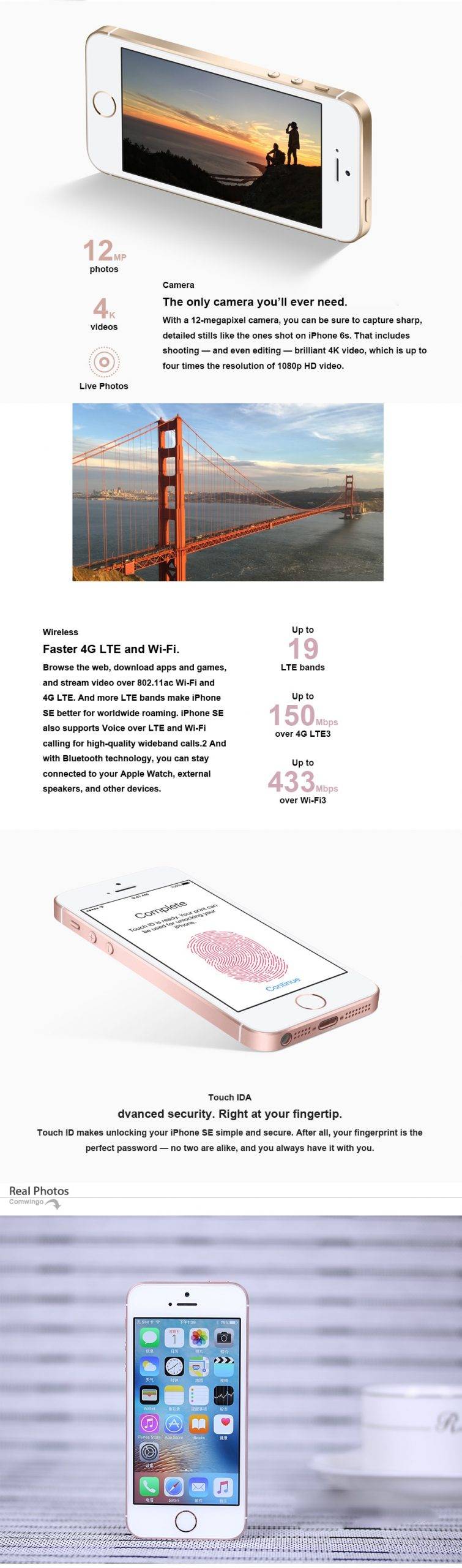 Original Unlocked Apple iPhone SE 2GB RAM 16G/32G/64GB ROM Mobile Phone A9 iOS 9 Dual Core 4G LTE 4.0'' Fingerprint Smartphone